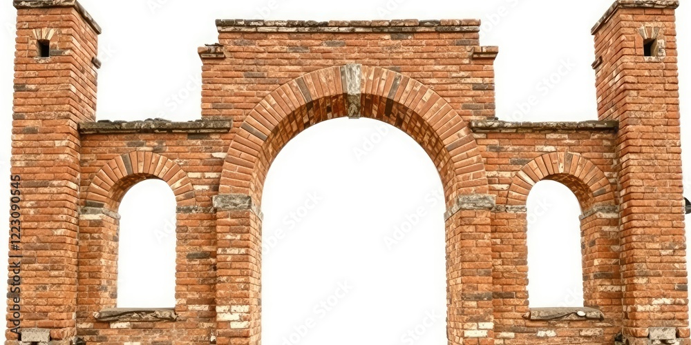 Ancient brick archway standing against a clean white backdrop, pattern, brick Ancient brick archway standing against a clean white backdrop, pattern, brick