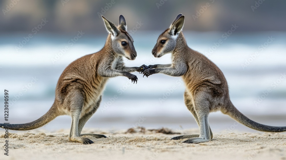 Two kangaroos playfully interacting on a sandy beach with gentle waves in background Two kangaroos playfully interacting on a sandy beach with gentle waves in background