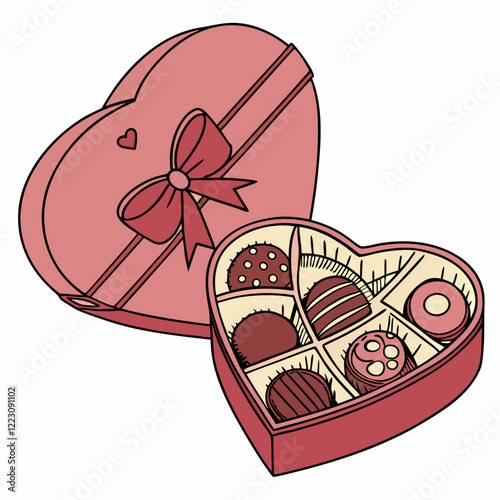 Heart shaped Valentine chocolate box with chocolate candy inside watercolor vector illustration for holidays celebration and romantic designs. empty and full red heart box