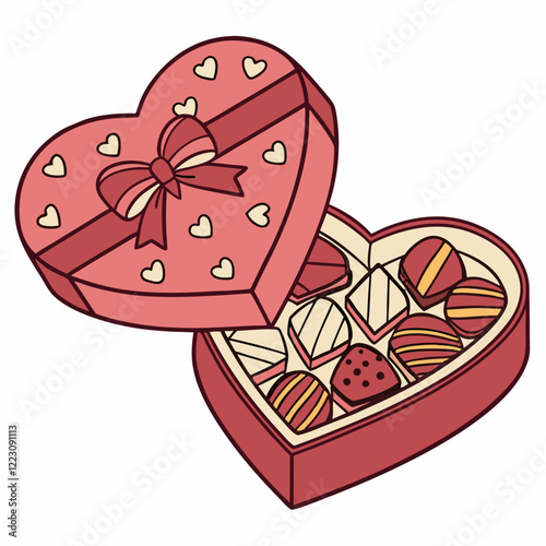 Heart shaped Valentine chocolate box with chocolate candy inside watercolor vector illustration for holidays celebration and romantic designs. empty and full red heart box