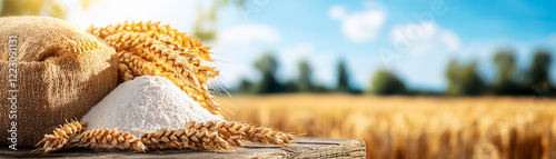 Fresh wheat grains and flour against a vibrant field backdrop, symbolizing harvest.