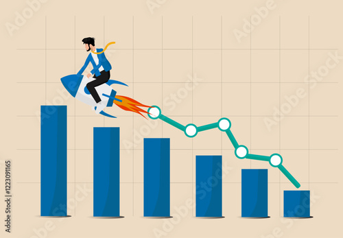 Business growth, investment profit increase, progress or development concept, businessman riding rocket on growth bar graph or rising up revenue 
chart, growing fast or improvement sales and revenue.