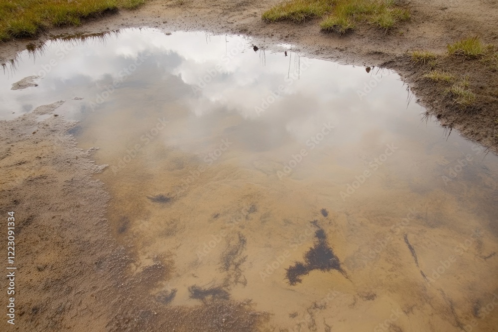 Serene Small Puddle Reflecting Sky and Clouds in Tranquil Natural Setting Serene Small Puddle Reflecting Sky and Clouds in Tranquil Natural Setting