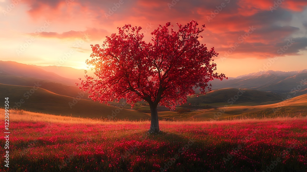 Fototapeta premium A heart shaped tree stands in the center background