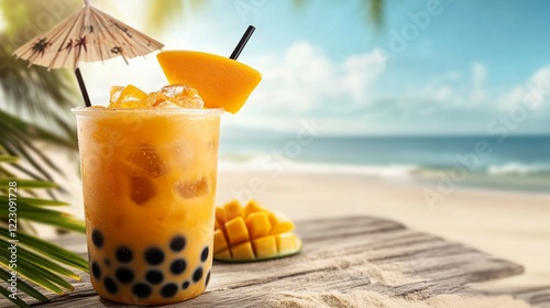 A vibrant golden yellow mango bubble tea  set against a beach backdrop.