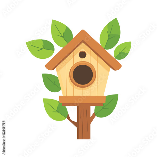 Wooden Birdhouse with Leaves ,  Flat Style Nature Illustration