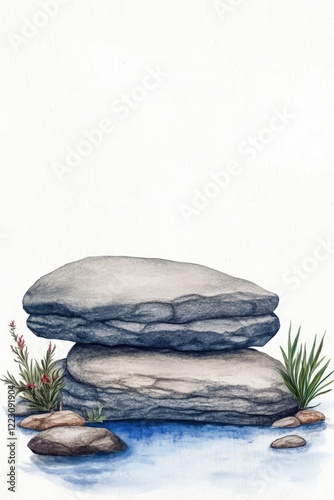 Serene watercolor illustration of stacked stones by a calm water body surrounded by greenery