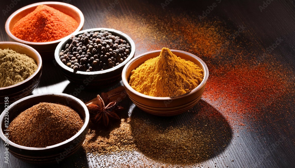 spices in bowls with a sprinkle of each on the table around them for decoration spices in bowls with a sprinkle of each on the table around them for decoration