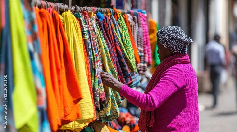 Obraz premium Vibrant Market Scene with Colorful Fabrics and Shopper