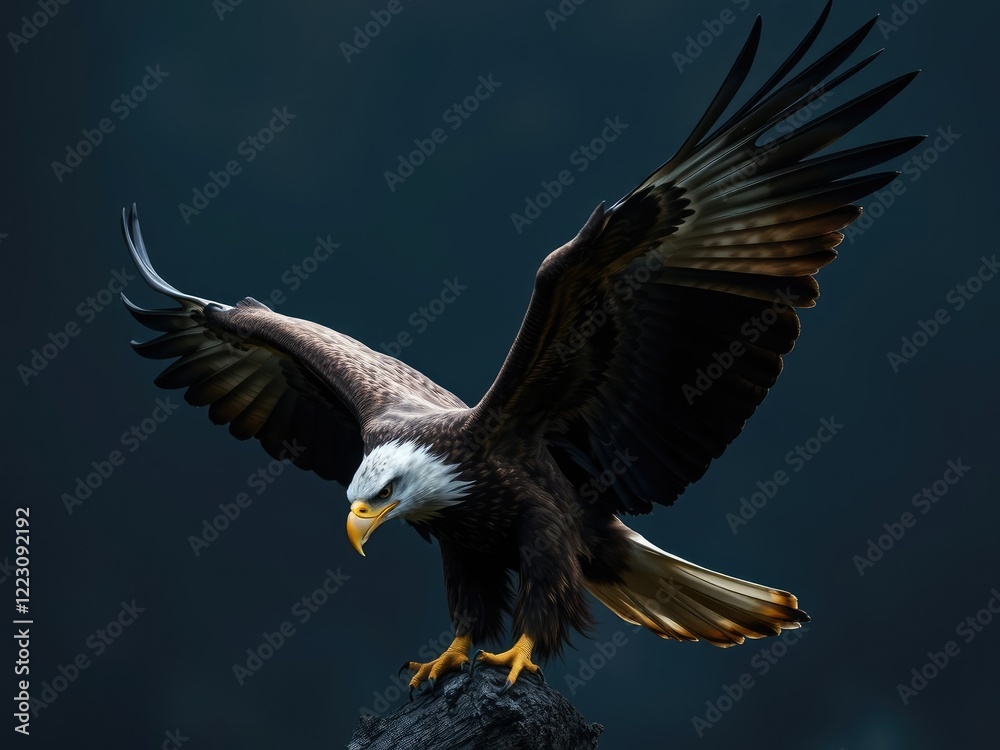 Fototapeta premium An intense close-up of a majestic eagle with outspread wings, fiercely fighting against a dark black background for survival, struggle, background