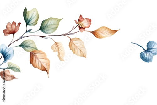 Delicate watercolor illustration of autumn leaves and flowers on a white background, ideal for design