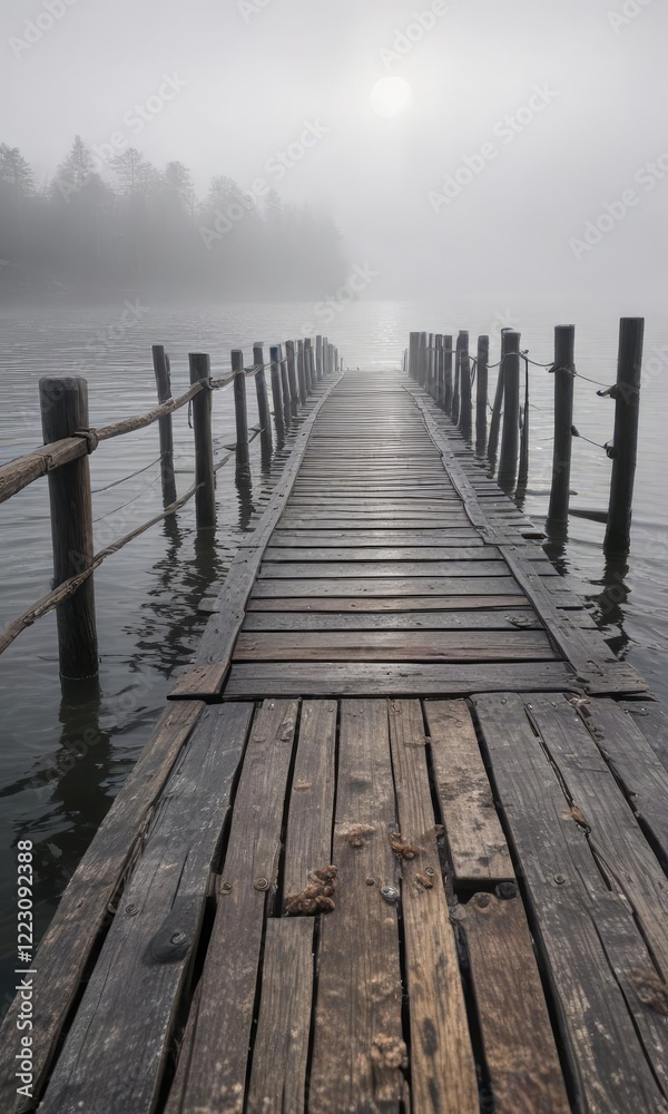 Fototapeta premium An old, weathered dock stretches out into the misty morning, its wooden slats worn smooth by years of exposure to the elements and saltwater , serene landscape, ocean view, boat dock