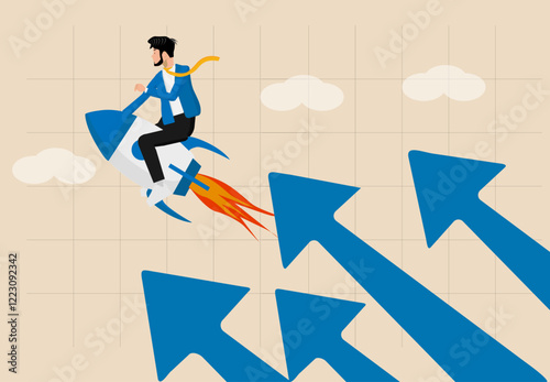 Financial growth, innovation boost profit or sales, growing business for success concept, businessman riding rocket booster with growth arrow, increase investment earning or stock market rising up.