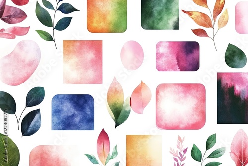 Colorful watercolor shapes and leaves arranged in a vibrant pattern on a white background