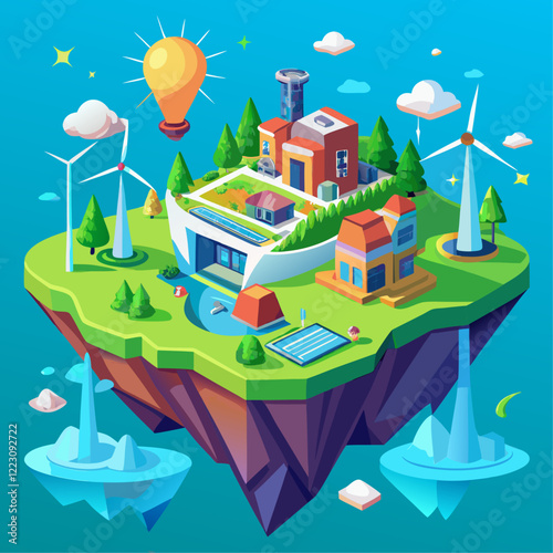 Isometric Floating Island Eco-Friendly City with Renewable Energy and Futuristic Architecture