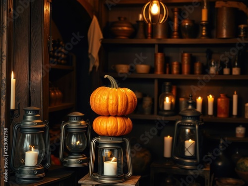 An orange pumpkin perches atop a stack of vintage lanterns and candles in a dimly lit corner of an old apothecary shop, mystical ambiance, spurious charms, old medical texts photo