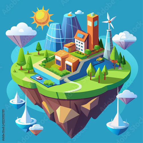 Isometric Floating Island Eco-Friendly City with Renewable Energy and Futuristic Architecture