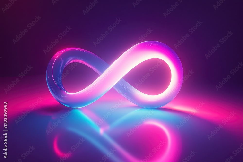 Vibrant Neon Infinity Symbol With Glossy Reflection on Surface Vibrant Neon Infinity Symbol With Glossy Reflection on Surface