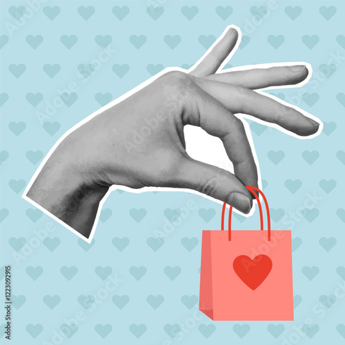 Valentine's day greeting card with cut out hand holding paper bag. Template for birthday card, invitation, social media, flyer, banner, poster. Vector illustration
