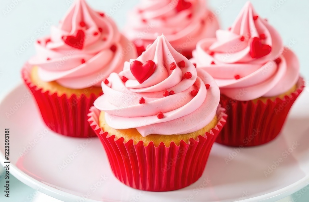 Cupcakes decorated with pink cream and red hearts in festive red wrappers. Valentine's day, women's day, mother's day, bakery, pastry, coffee shop, cafe, festive event planning, business, greetings Cupcakes decorated with pink cream and red hearts in festive red wrappers. Valentine's day, women's day, mother's day, bakery, pastry, coffee shop, cafe, festive event planning, business, greetings