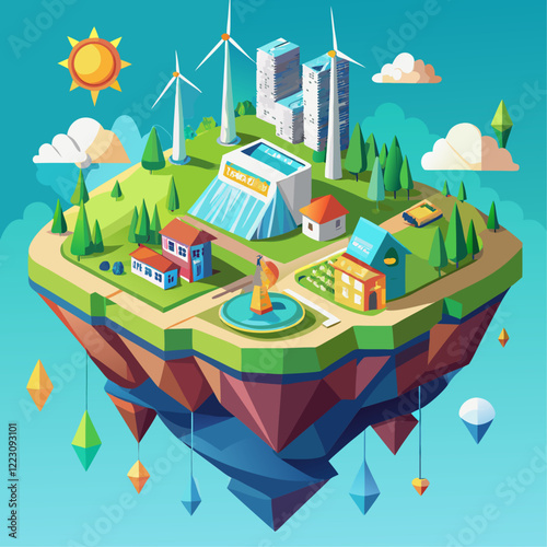 Isometric Floating Island Eco-Friendly City with Renewable Energy and Futuristic Architecture