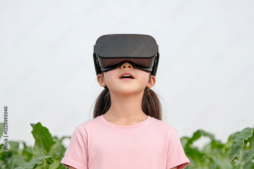 Young girl wearing virtual reality headset in a green field, exploring immersive technology outdoors Young girl wearing virtual reality headset in a green field, exploring immersive technology outdoors