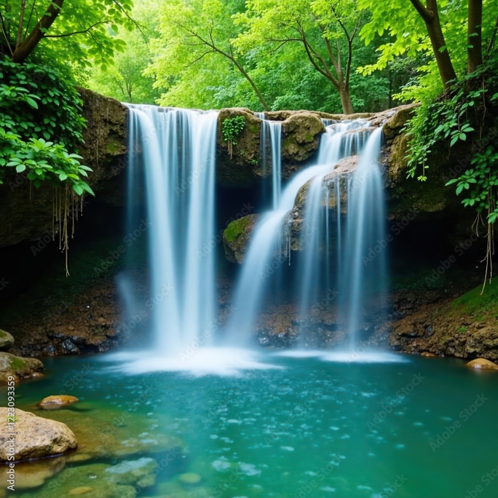 misty waterfalls cascading into a crystal clear pool, nature, greenery misty waterfalls cascading into a crystal clear pool, nature, greenery