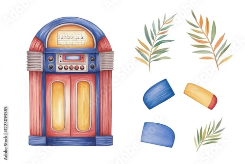 Vintage jukebox with colorful leaves and shapes, set against a clean background, evoking nostalgia