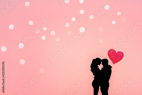 Romantic silhouette of a couple embracing under a sparkling heart on a soft pink background