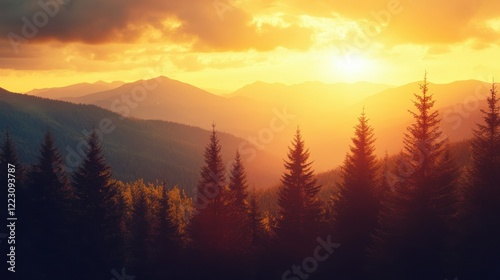 Stunning mountain sunset over pine forest with vibrant orange and yellow sky