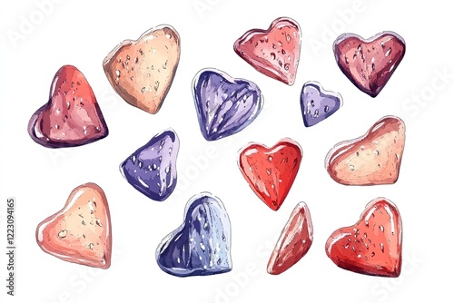A collection of colorful, hand-painted hearts in various sizes and shades on a white background
