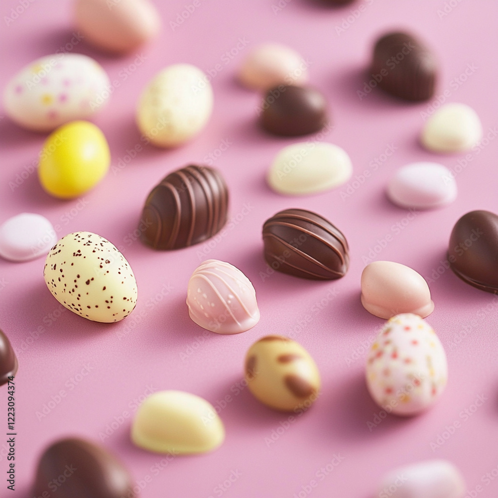 Easter chocolate eggs pastel colors. Easter traditional food. Spring colors. 