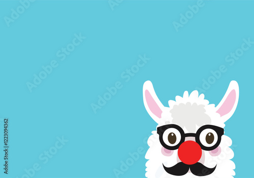 Funny white llama peeking from the corner with glasses, a red clown nose, and a mustache on a blue background.