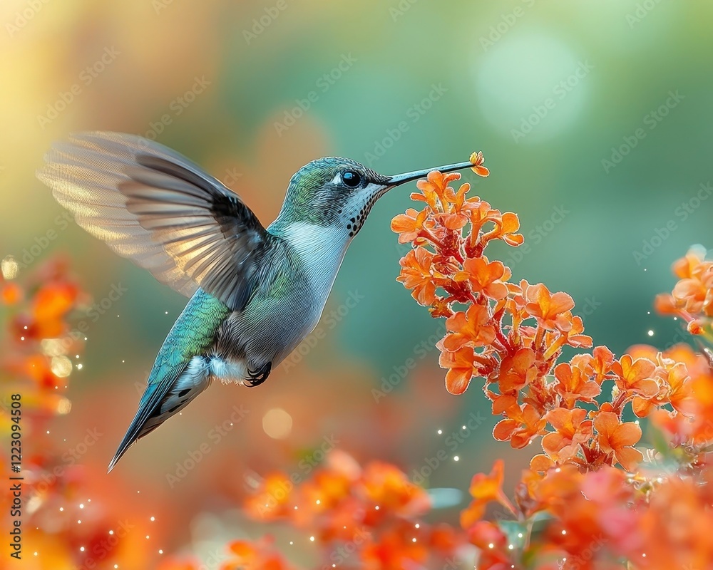 Fototapeta premium Hummingbird Sipping Vibrant Red Flower Nectar Against Soft Green Backdrop