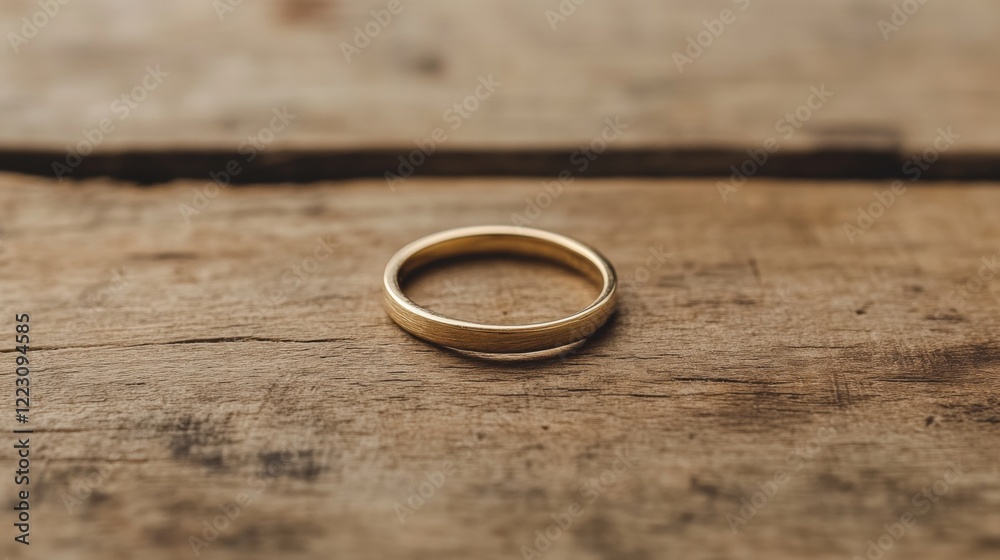 Simple gold wedding band on rustic wood. Simple gold wedding band on rustic wood.