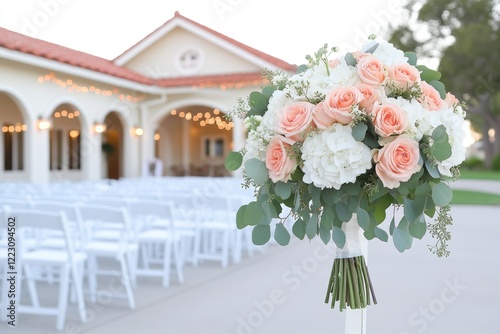 Beautiful floral arrangement with pink roses and white hydrangeas at a wedding venue