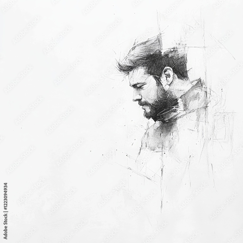 Fototapeta premium Charcoal Sketch Introspective Man.