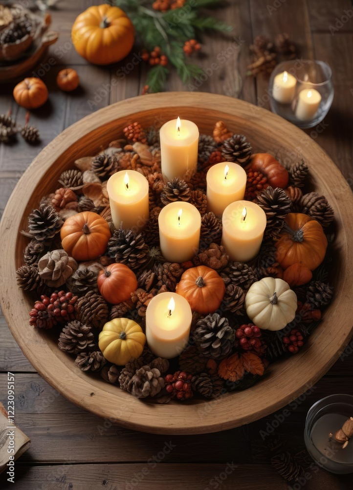 Fototapeta premium Autumnal centerpiece with pumpkins, pine cones, and candles in a wooden bowl, pine cone decor, warm glow