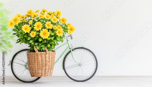 A vintage bicycle adorned with a basket full of vibrant yellow flowers against a minimalist backdrop