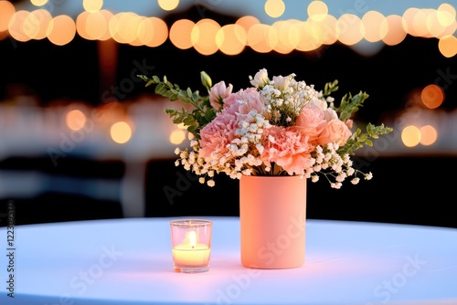 Elegant flower arrangement in a soft-lit setting with glowing candles and bokeh background
