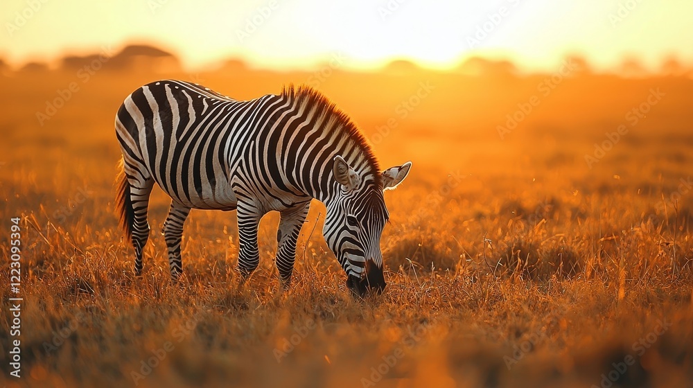 Naklejka premium Zebra Grazing in the Expansive African Savanna at Sunset