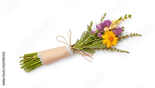 A vibrant bouquet of wildflowers wrapped in natural twine, set against a clean white background, showcasing nature's beauty