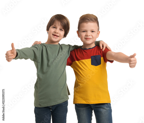 Cute brothers showing thumbs up on white background