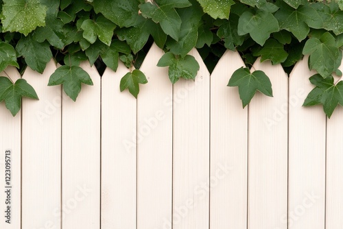 A white picket fence adorned with vibrant green ivy leaves, creating a serene garden atmosphere
