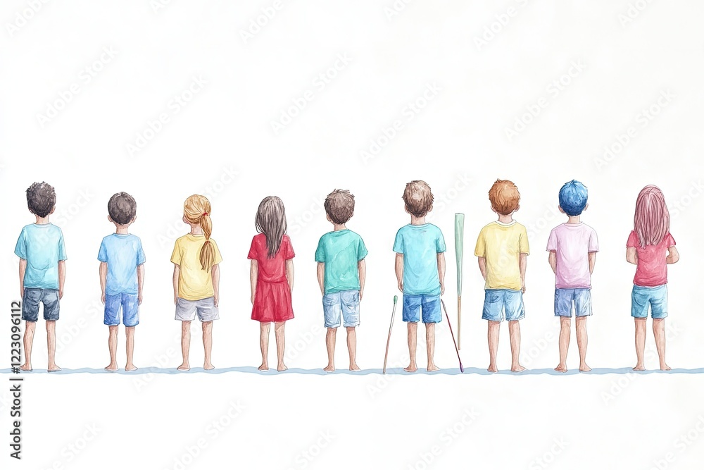 Fototapeta premium A diverse group of children standing in a line, showcasing different hairstyles and clothing styles, with a soft background