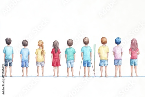 A diverse group of children standing in a line, showcasing different hairstyles and clothing styles, with a soft background
