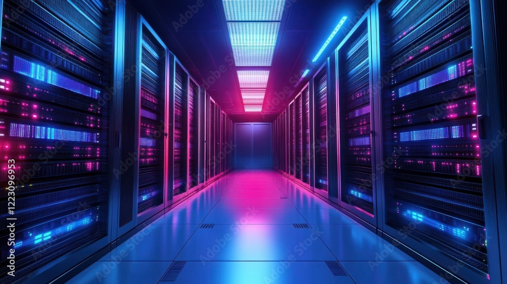 Futuristic neon-lit data center with high-tech server racks Futuristic neon-lit data center with high-tech server racks
