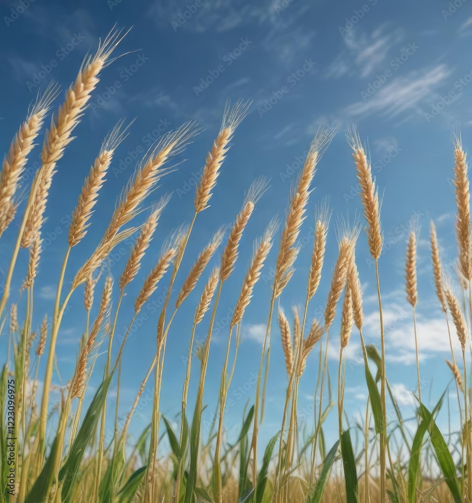 Barley stalks swaying in the wind against a clear blue sky , stalks, field, open fields Barley stalks swaying in the wind against a clear blue sky , stalks, field, open fields