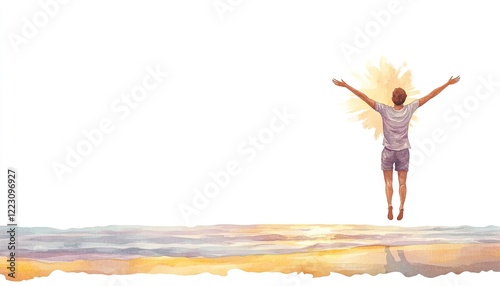 Person jumping joyfully at sunrise on a beach, with serene ocean waves in the background
