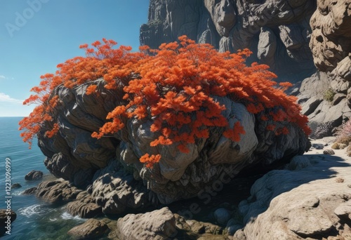 Barnacles attached to a rocky outcropping with sea fans and feather duster waving in the current , coastal erosion, corals, rock formations photo